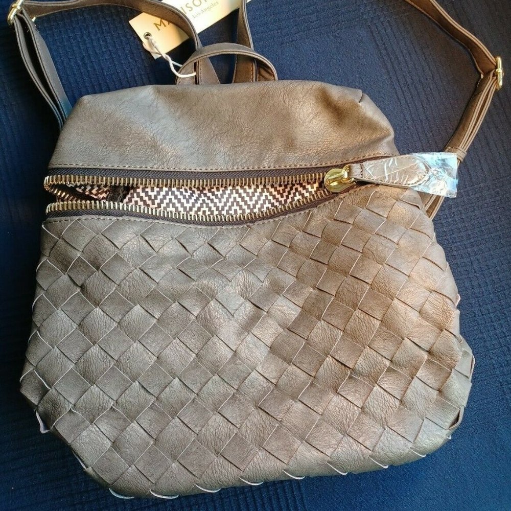 Madison West khaki Gray Backpack Bag Purse Basket Weave NWT